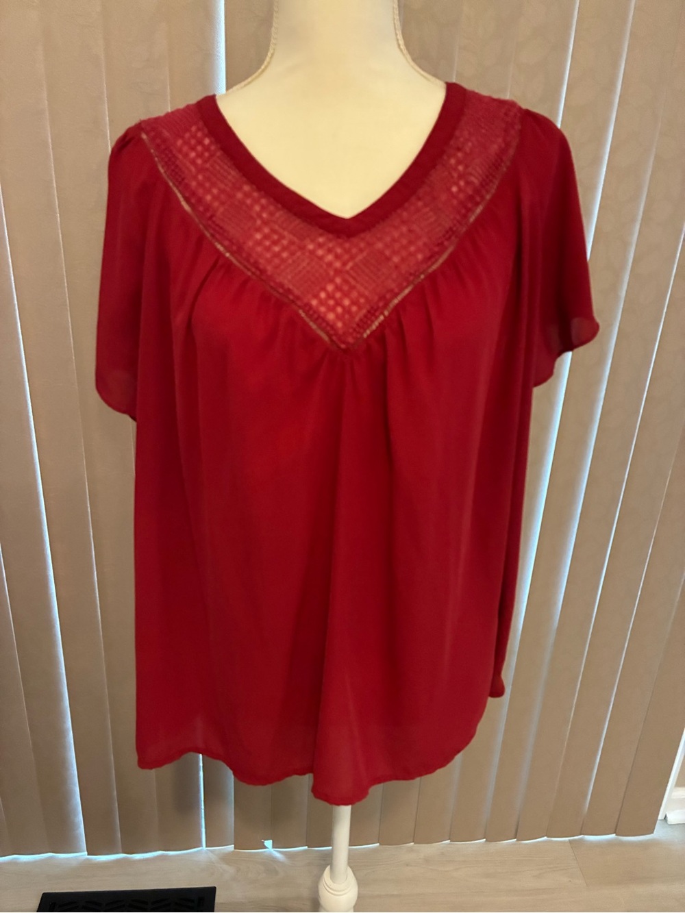 fun 2 fun Red V-Neck Lace Yoke Blouse
